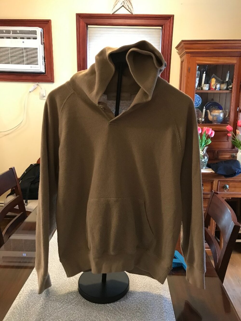 Fear of God Essentials Waffle Knit Henley Hoodie Tan